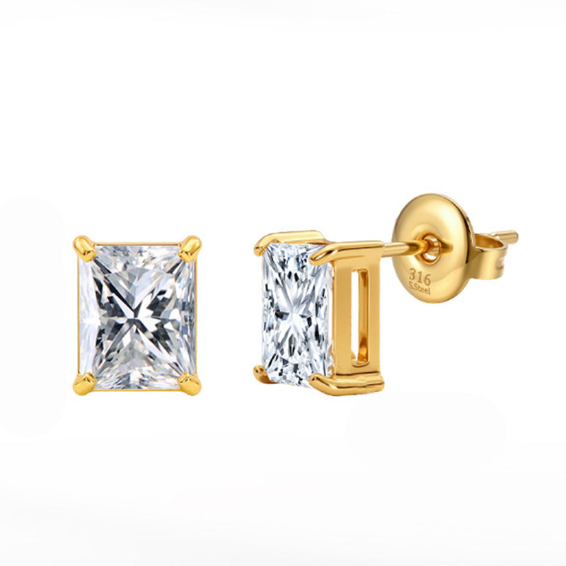 Gold Plated 316 Stainless Steel Stud Earrings, Emerald Cut Rectangular Clear Cubic Zirconia Four Prong Setting