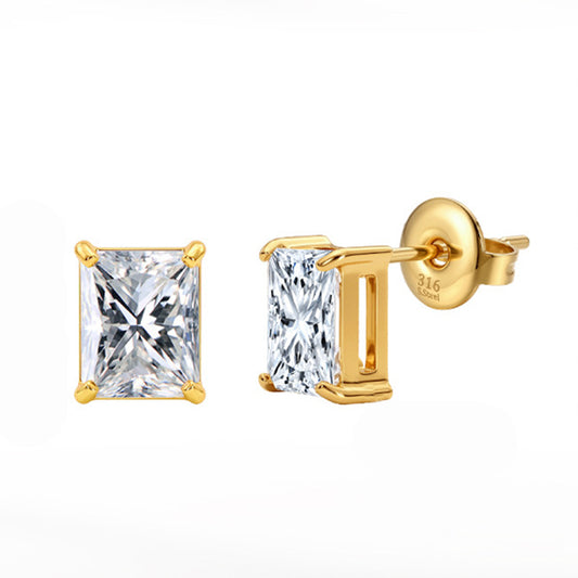 Gold Plated 316 Stainless Steel Stud Earrings, Emerald Cut Rectangular Clear Cubic Zirconia Four Prong Setting