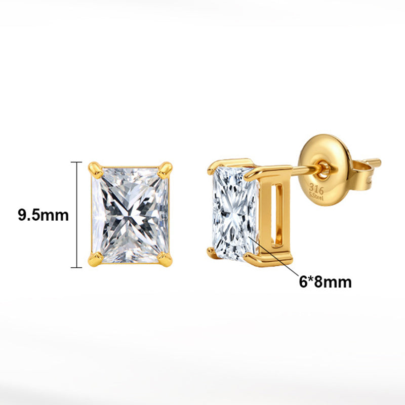 Gold Plated 316 Stainless Steel Stud Earrings, Emerald Cut Rectangular Clear Cubic Zirconia Four Prong Setting