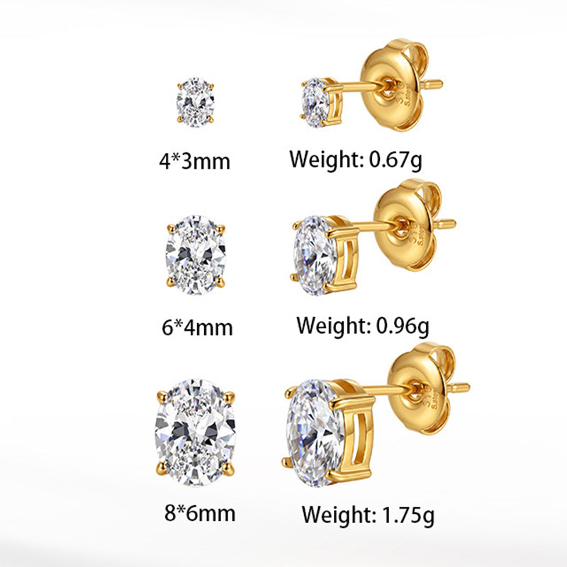 Gold Plated 316 Stainless Steel Stud Earrings, Oval Cut Clear Cubic Zirconia Four Prong Setting