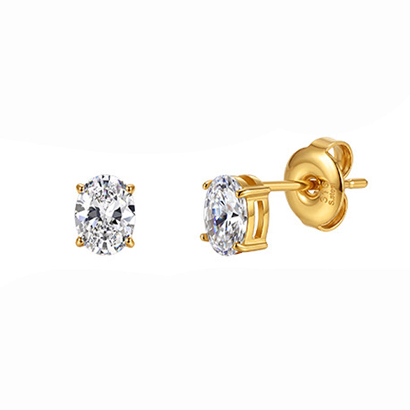 Gold Plated 316 Stainless Steel Stud Earrings, Oval Cut Clear Cubic Zirconia Four Prong Setting
