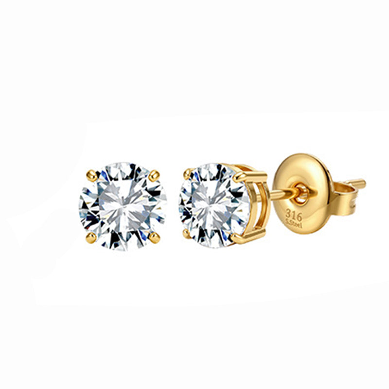 Gold Plated 316 Stainless Steel Stud Earrings, Round Brilliant Cut Clear Cubic Zirconia Four Prong Setting