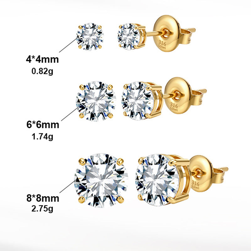 Gold Plated 316 Stainless Steel Stud Earrings, Round Brilliant Cut Clear Cubic Zirconia Four Prong Setting