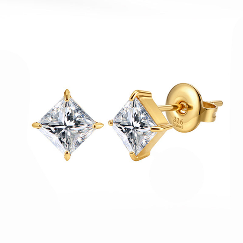 Gold Plated 316 Stainless Steel Stud Earrings, Princess Square Cut Clear Cubic Zirconia Four Prong Setting