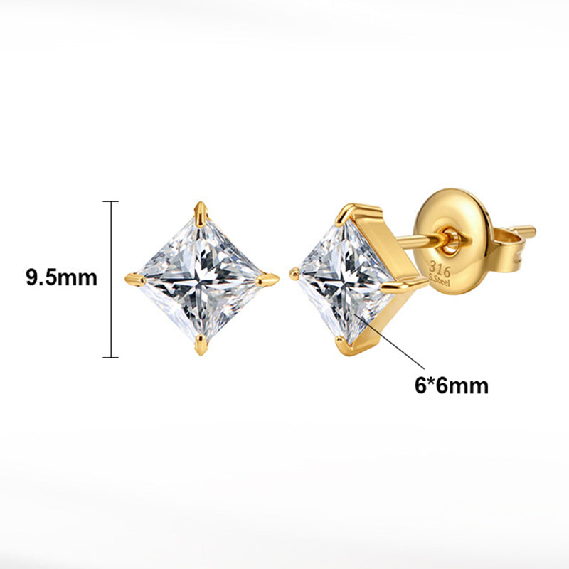Gold Plated 316 Stainless Steel Stud Earrings, Princess Square Cut Clear Cubic Zirconia Four Prong Setting
