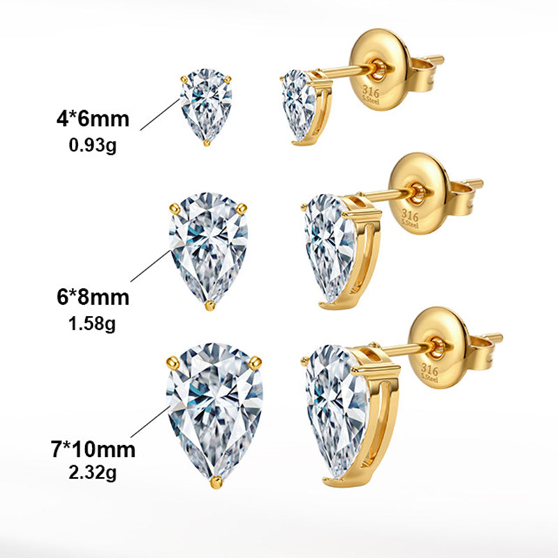 Gold Plated 316 Stainless Steel Stud Earrings, Pear Teardrop Cut Clear Cubic Zirconia Four Prong Setting