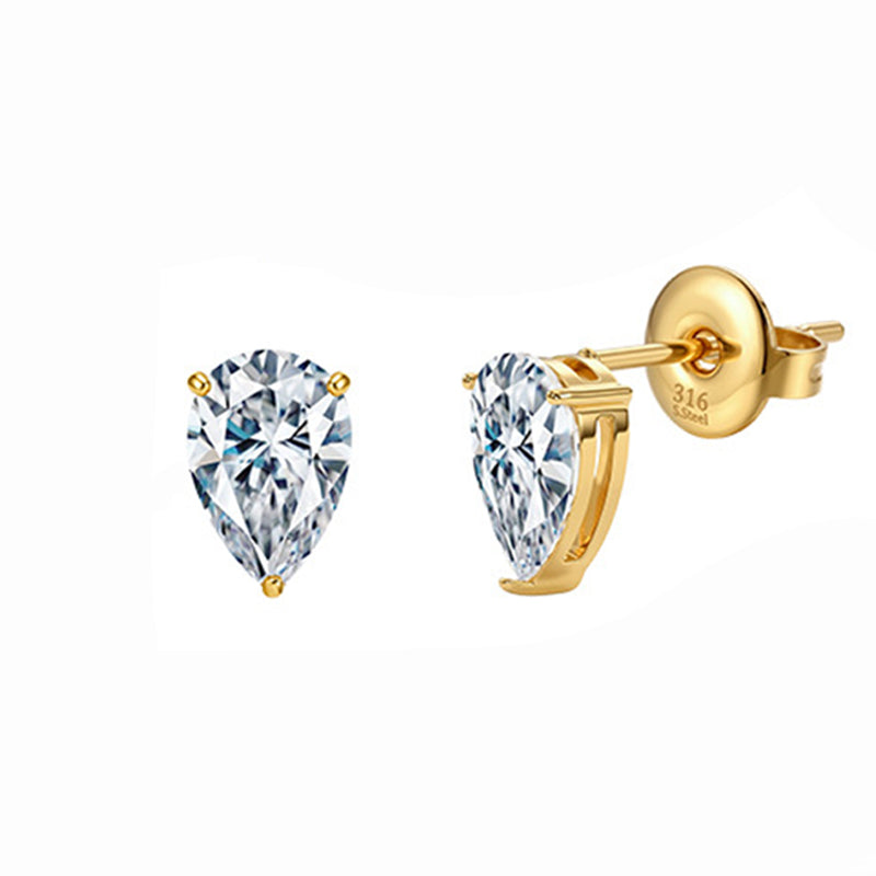 Gold Plated 316 Stainless Steel Stud Earrings, Pear Teardrop Cut Clear Cubic Zirconia Four Prong Setting