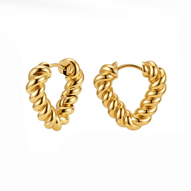 Gold Plated Stainless Steel Twisted Rope Heart Shape Huggie Hoop Earrings