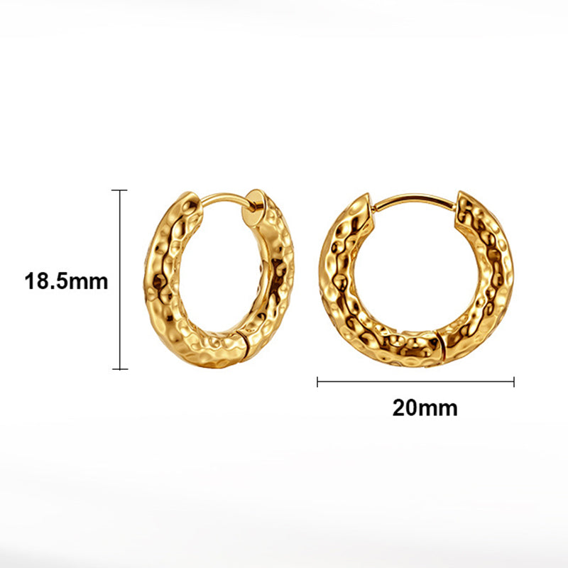 Gold Plated Stainless Steel Hammered Texture Round Huggie Hoop Earrings