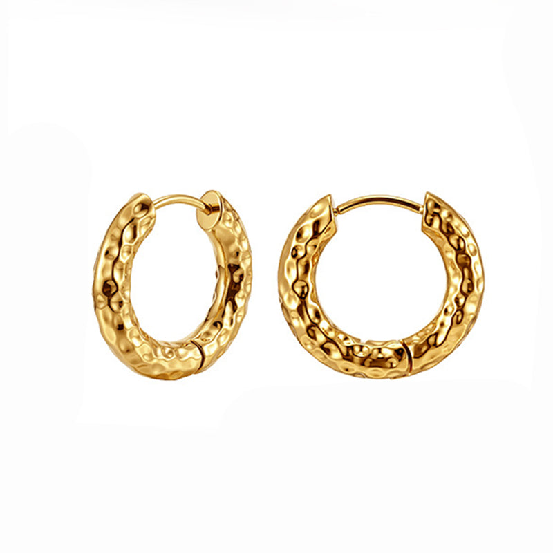 Gold Plated Stainless Steel Hammered Texture Round Huggie Hoop Earrings