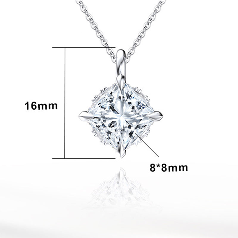 Silver Stainless Steel Princess Square Cut CZ Pendant Necklace, Four Prong Setting Clear Square Cubic Zirconia Pendant