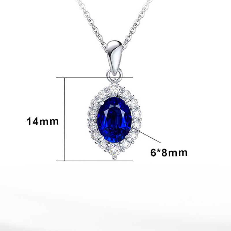 Silver Stainless Steel Oval Blue CZ Halo Pendant Necklace, Oval Deep Blue Cubic Zirconia Surrounded With Pave Clear CZ Stones