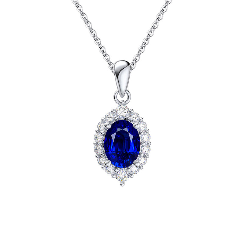 Silver Stainless Steel Oval Blue CZ Halo Pendant Necklace, Oval Deep Blue Cubic Zirconia Surrounded With Pave Clear CZ Stones