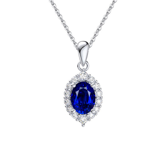 Silver Stainless Steel Oval Blue CZ Halo Pendant Necklace, Oval Deep Blue Cubic Zirconia Surrounded With Pave Clear CZ Stones
