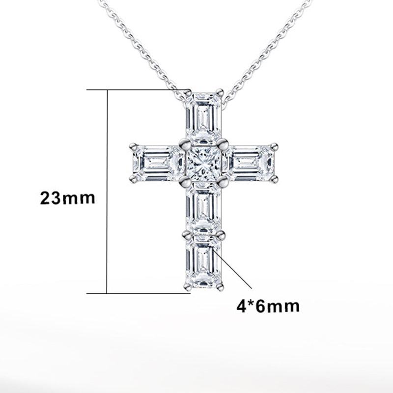 Silver Stainless Steel Cross CZ Necklace, Multi-Emerald Cut & Round Clear Cubic Zirconia Cross Pendant Cable Chain