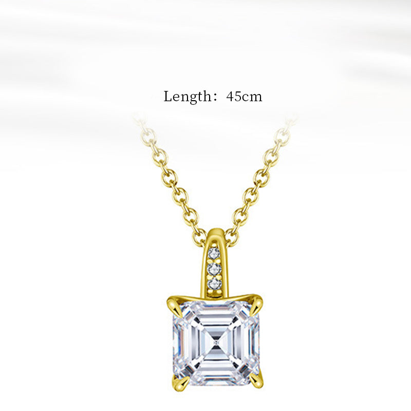 Gold Stainless Steel Square Emerald Cut CZ Pendant Necklace, 4 Prong Asscher Cut Zircon with Small Side Stones