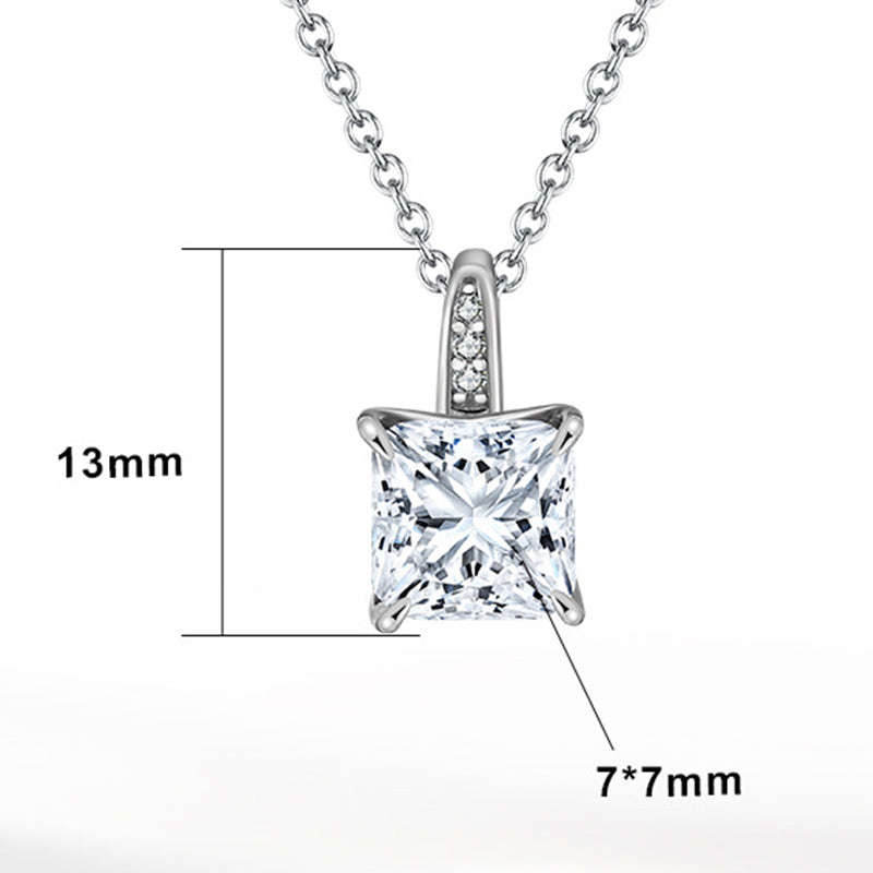 Silver Stainless Steel Princess Cut CZ Pendant Necklace, Large Square Cubic Zirconia Solitaire Charm on Rolo Cable Chain