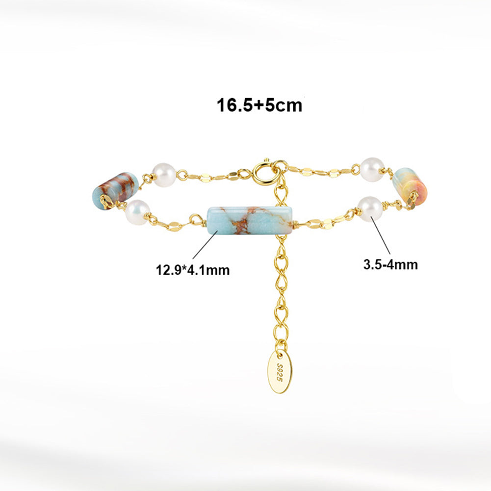 S925 Gold Plated Chain Bracelet, Lustrous Round Freshwater Pearls paired with Natural Striped Cylinder Gemstone Beads, Dainty Flat Chain, Adjustable Extension Chain