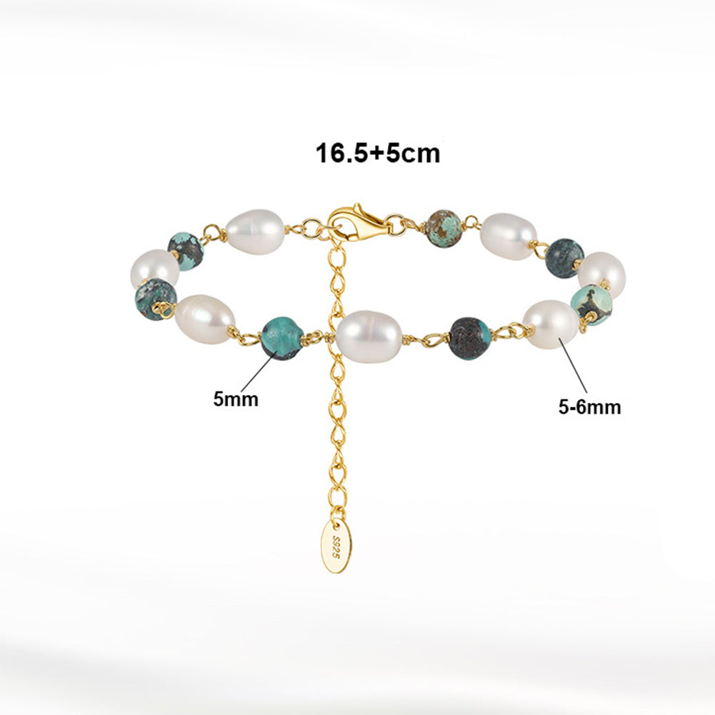 S925 Gold Plated Beaded Bracelet, Oval Lustrous Freshwater Pearls Mixed with African Turquoise Round Beads, Wire Wrapped Design, Adjustable Extension Chain