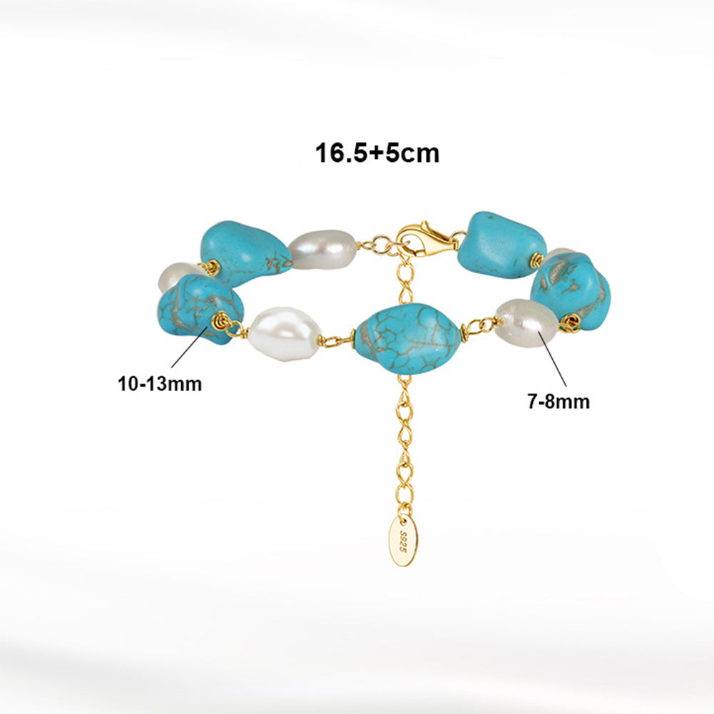S925 Gold Plated Turquoise Pearl Bracelet, Irregular Baroque Lustrous Freshwater Pearls & Raw Turquoise Beads, Hand Wire Wrapped, Adjustable Extension Chain