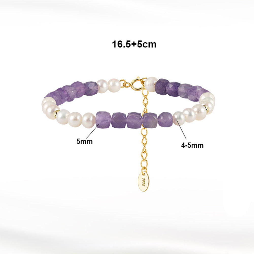 S925 Gold Plated Beaded Bracelet, Round Lustrous Freshwater Pearls and Faceted Cube Amethyst Beads, Dainty Beaded Design, Adjustable Extension Chain