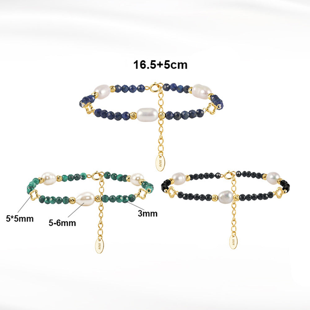 S925 Gold Plated Beaded Bracelet, Irregular Lustrous Baroque Freshwater Pearls paired with Faceted Black Onyx Beads, Hollow Clover Details, Adjustable Extension Chain