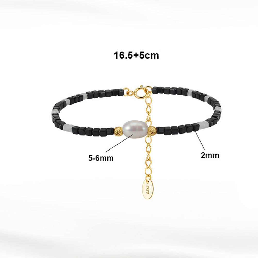 S925 Gold Plated Mini Bead Bracelet, Single Center Lustrous Baroque Freshwater Pearl, Black & Grey Tiny Cube Beads, Adjustable Extension Chain