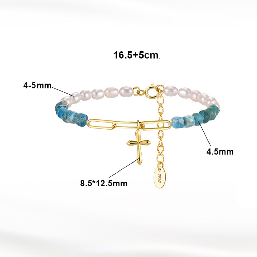 S925 Gold Plated Cross Charm Bracelet, Rice-shaped Lustrous Freshwater Pearls with Faceted Blue Apatite Stones, Paperclip Link & Cross Pendant
