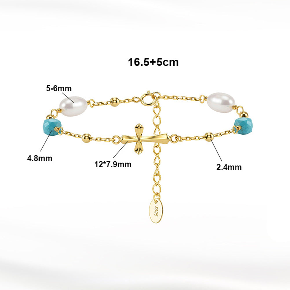 MPB23S925 Gold Plated Cross Pearl Bracelet, Oval Lustrous Freshwater Pearls, Faceted Turquoise Beads and Polished Cross Charm, Adjustable Extension Chain
