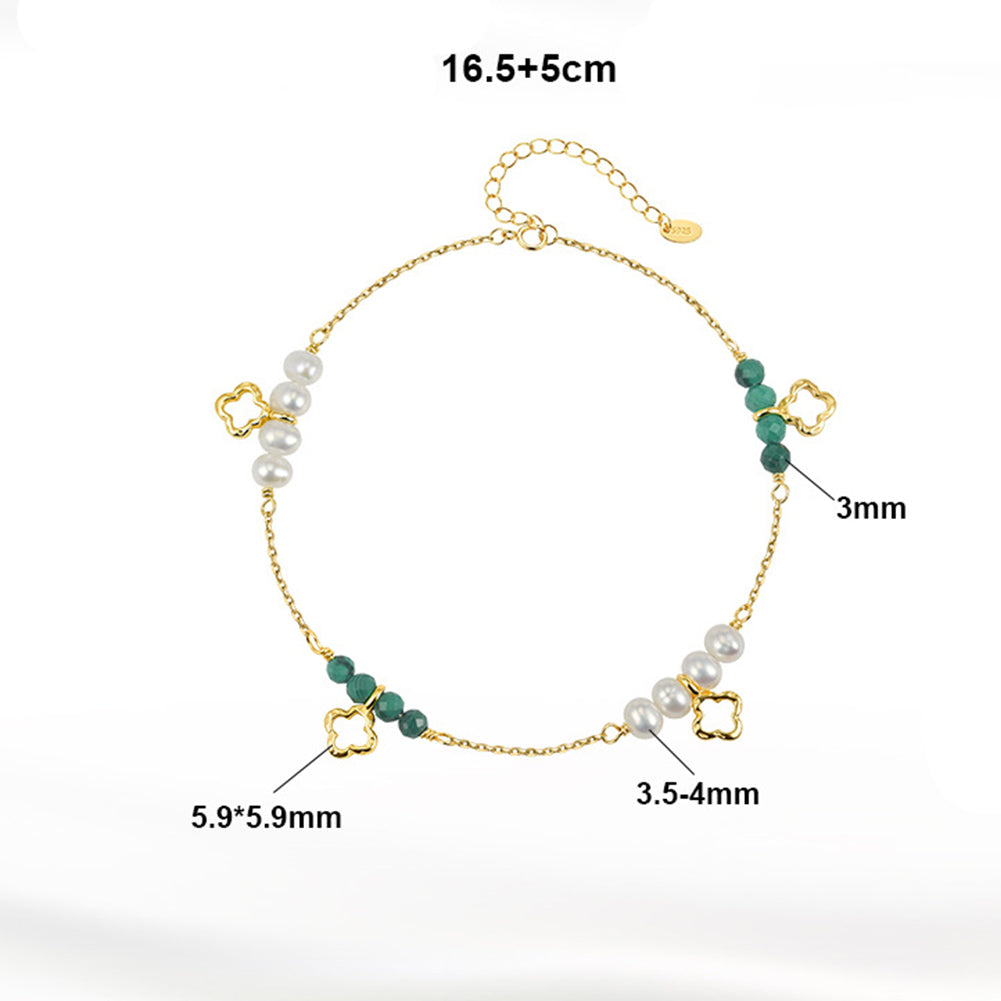 MPB24S925 Gold Plated Clover Pearl Bracelet, Dainty Cable Chain with Lustrous Freshwater Pearls & Green Malachite Beads, Hollow Four Leaf Clover Charms