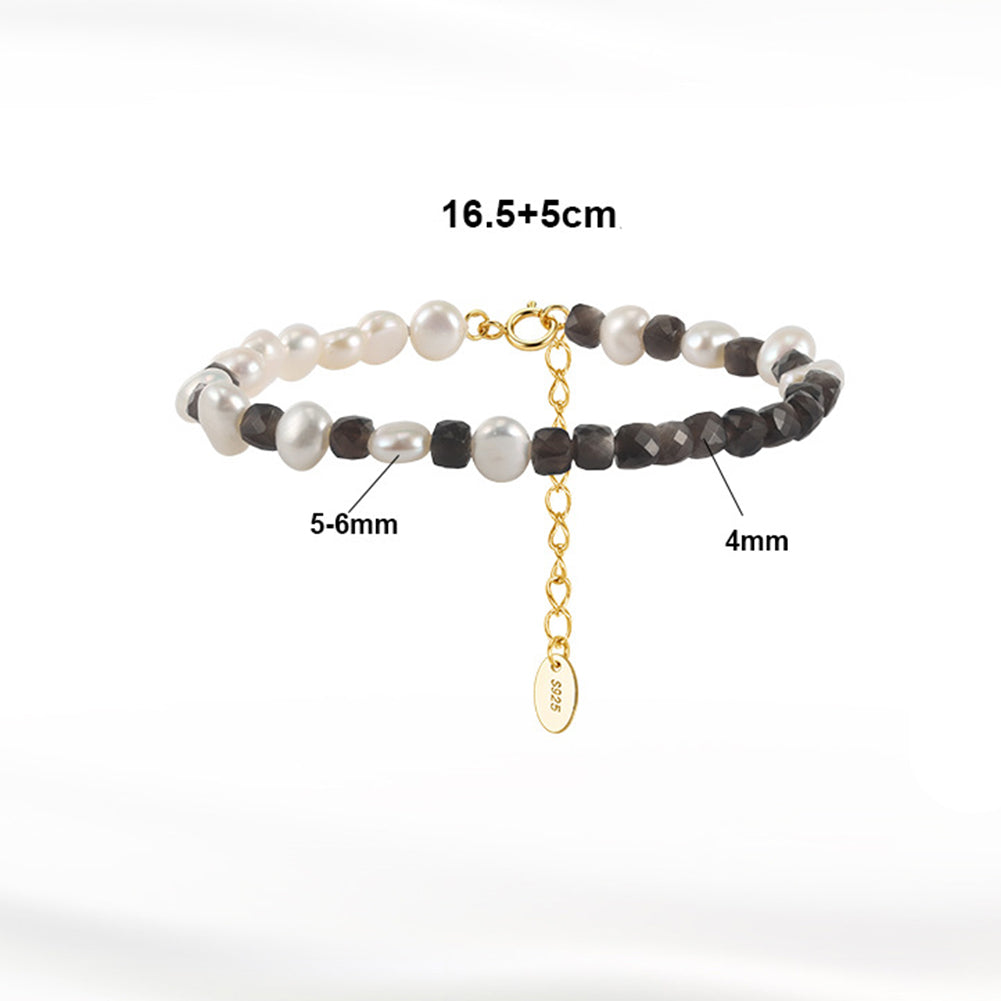 MPB26S925 Gold Plated Beaded Bracelet, Irregular Lustrous Freshwater Pearls paired with Smoky Quartz Faceted Beads, Adjustable Tassel Extension Chain