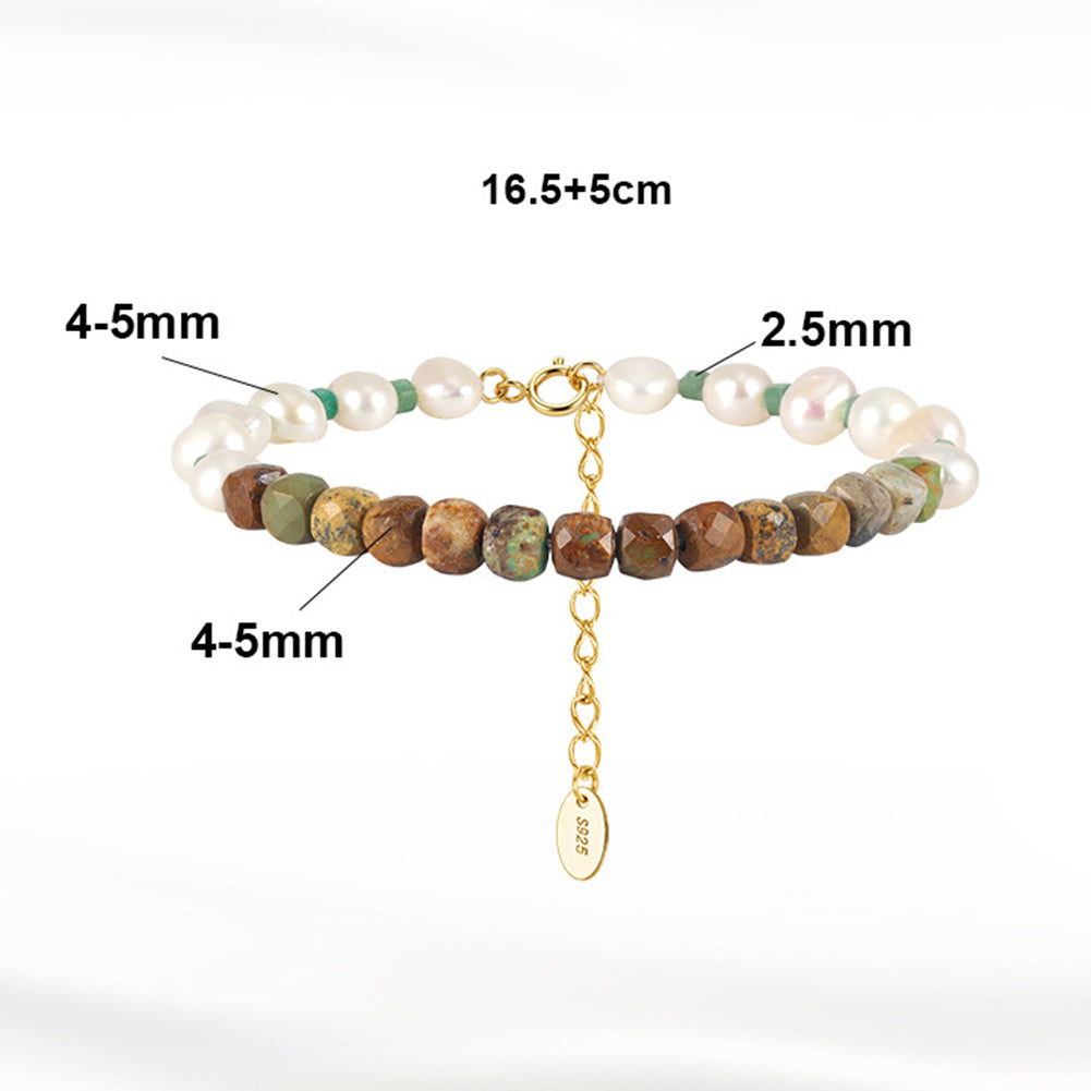 S925 Gold Plated Beaded Bracelet, Lustrous Baroque Freshwater Pearl with Faceted Brown Natural Stone Beads, Adjustable Extension Chain