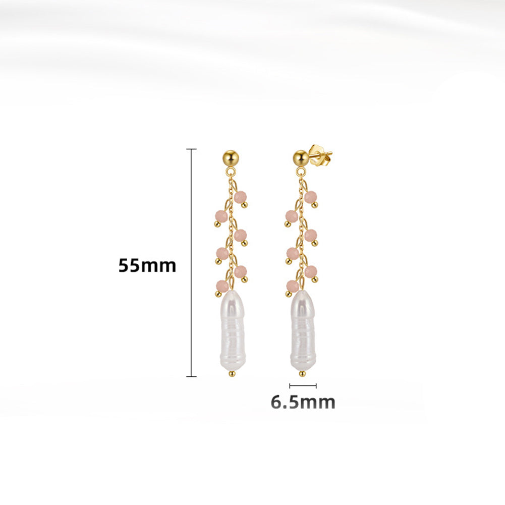 Gold Stud Dangle Earrings, Pink Jade Vine Branch Chain & Large Elongated Baroque Freshwater Pearl, Elegant Long Taper Pearl Tassel Earrings