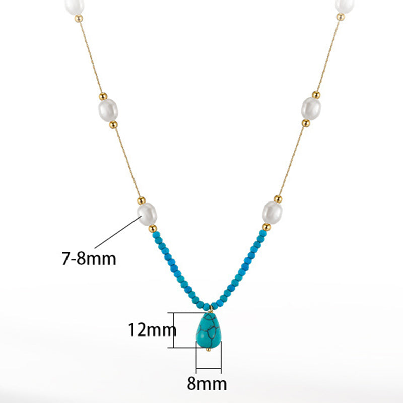 Gold Stainless Steel Turquoise & Pearl Station Necklace, Baroque Imitation Pearl Beaded Chain with Teardrop Turquoise Drop Pendant