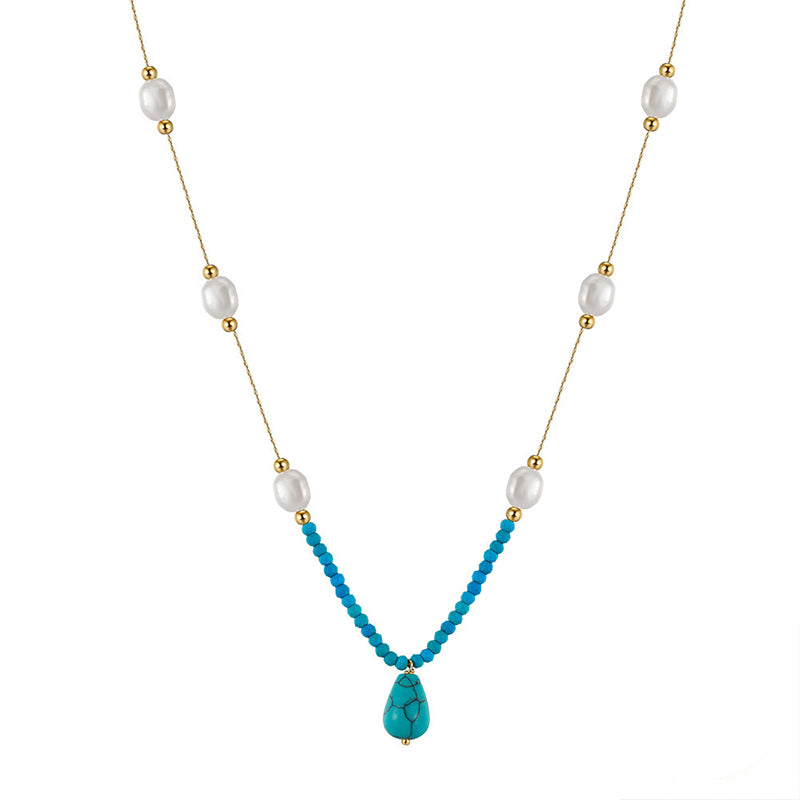 Gold Stainless Steel Turquoise & Pearl Station Necklace, Baroque Imitation Pearl Beaded Chain with Teardrop Turquoise Drop Pendant