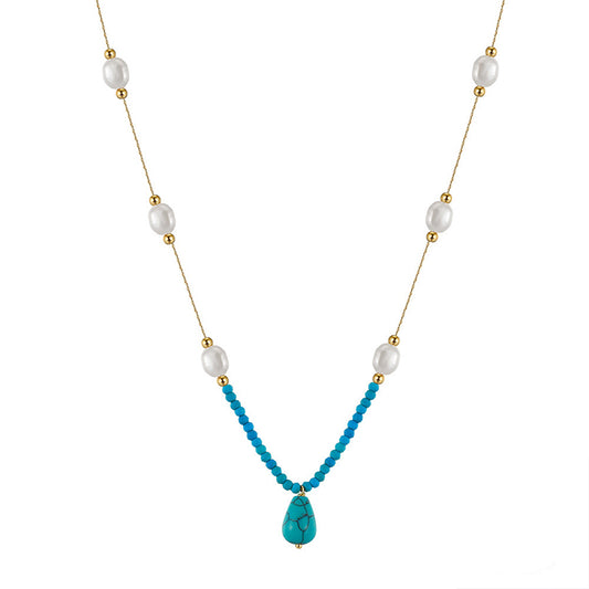 Gold Stainless Steel Turquoise & Pearl Station Necklace, Baroque Imitation Pearl Beaded Chain with Teardrop Turquoise Drop Pendant