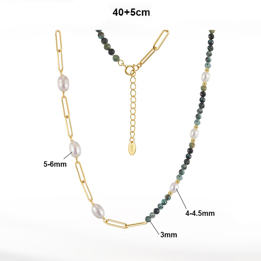Gold Paperclip Chain Necklace, Rice Shape Freshwater Pearls & African Turquoise Beaded Pearl Necklace