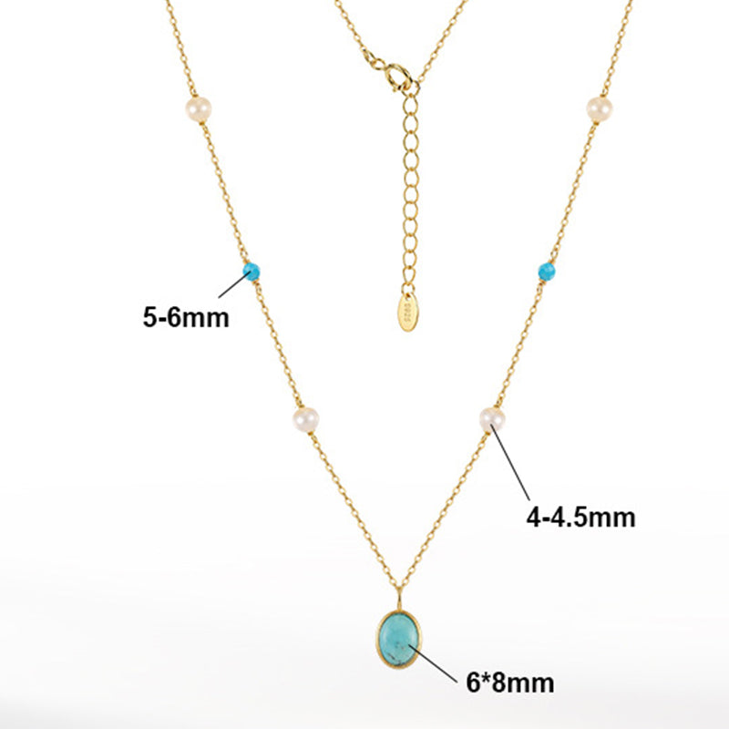Gold Stainless Steel Turquoise & Freshwater Pearl Station Necklace, Oval Turquoise Bezel Pendant Adjustable Cable Chain