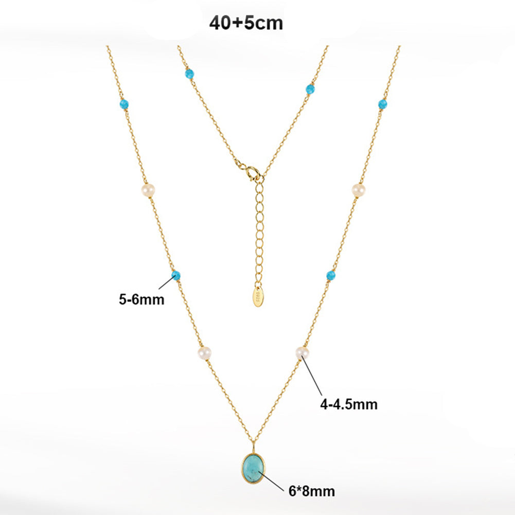 Gold Plated Layered Beaded Necklace, Natural White Pearls & Turquoise Gemstone Dainty Pearl Chain