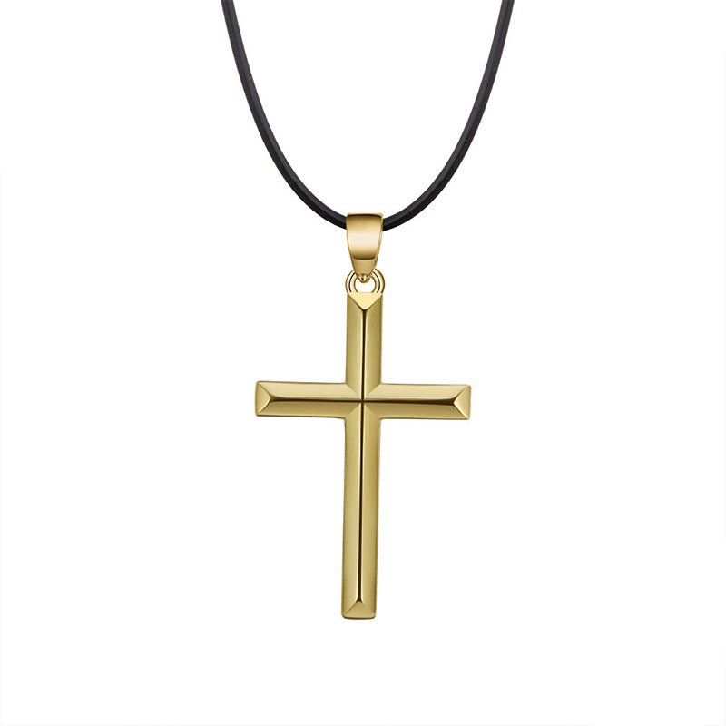 Gold Stainless Steel Polished Cross Pendant Necklace, 3D Grooved Cross Charm on Black Rubber Cord