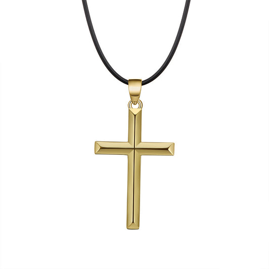 Gold Stainless Steel Polished Cross Pendant Necklace, 3D Grooved Cross Charm on Black Rubber Cord