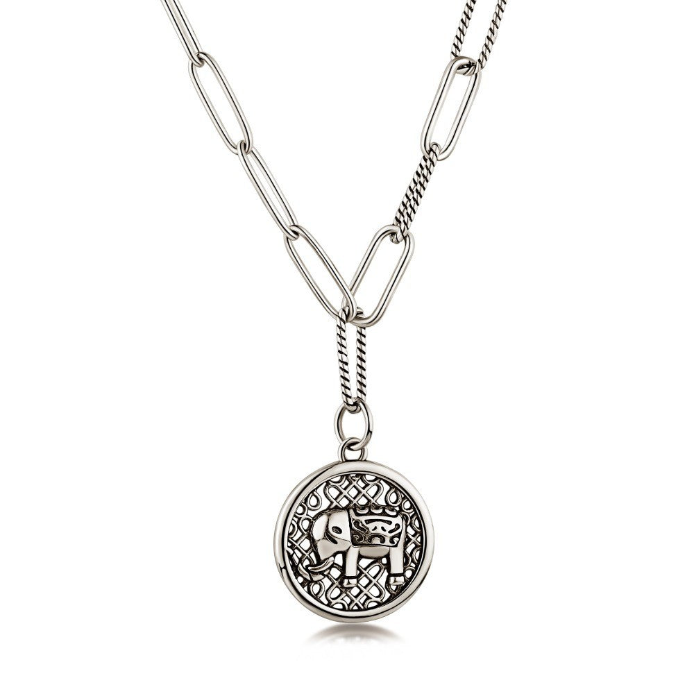 925 Sterling Silver Round Elephant Charm Fashion Pendant Necklace