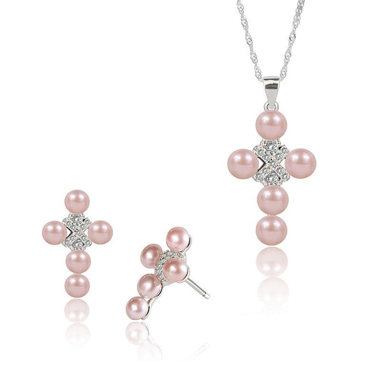 925 Sterling Silver Fashion Cross Pearl Jewelry Set Gift for Women Girls