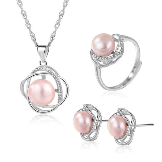 925 Sterling Silver Fashion Pearl Jewelry Set Gift for Women Girls
