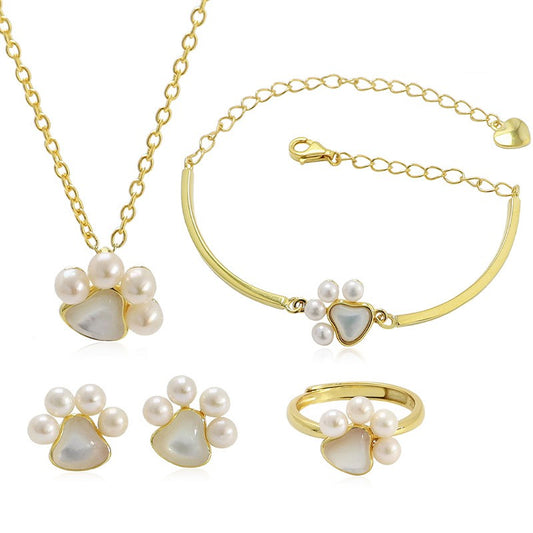 925 Sterling Silver Fashion Paw Pearl Jewelry Set Gift for Women Girls