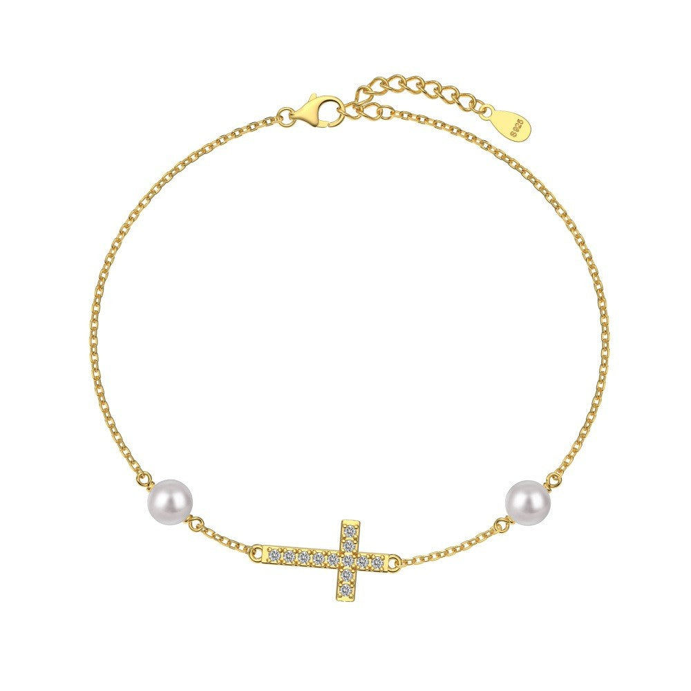 Pulsera de moda con cruz y perla en plata de ley 925