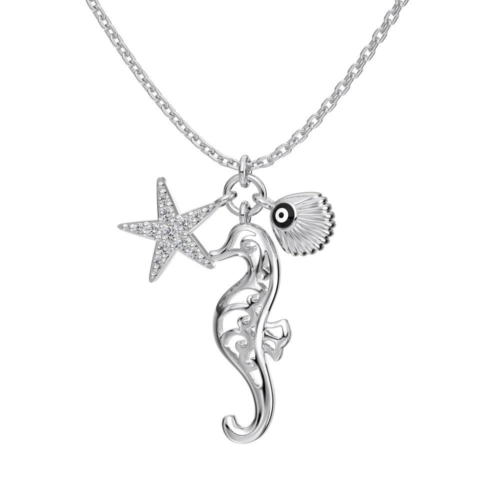925 Sterling Silver Seahorse, Starfish, and Shell Fashion Pendant Necklace