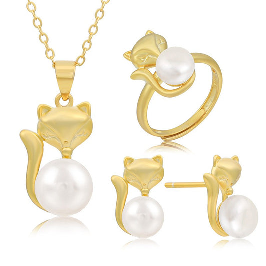 925 Sterling Silver Fashion Cat Pearl Jewelry Set Gift for Women Girls