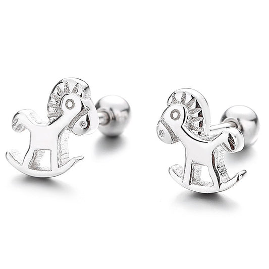 925 Sterling Silver Wooden Horse Screw Back Stud Earrings