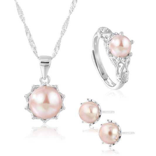 925 Sterling Silver Fashion Pearl Jewelry Set Gift for Women Girls